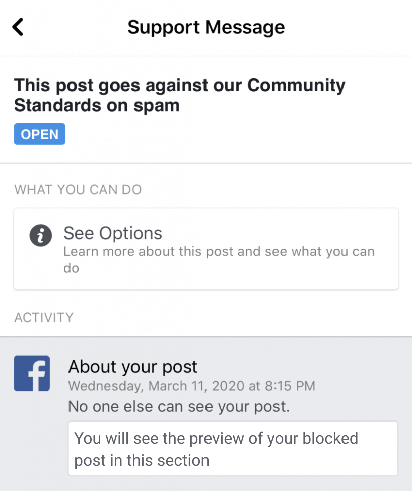 Support message: "This post goes against our Community Standards"