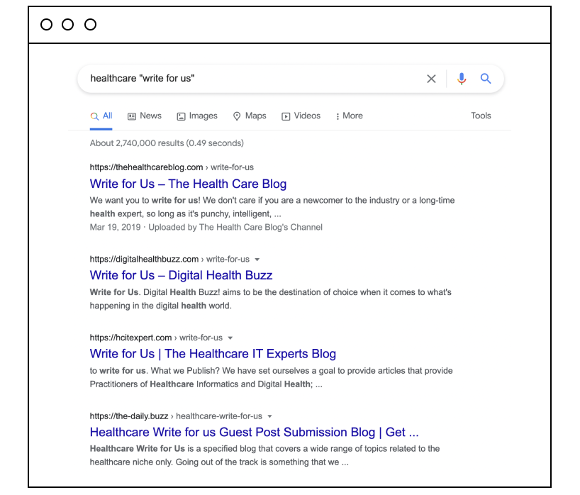 healthcare "write for us" google search results screenshot